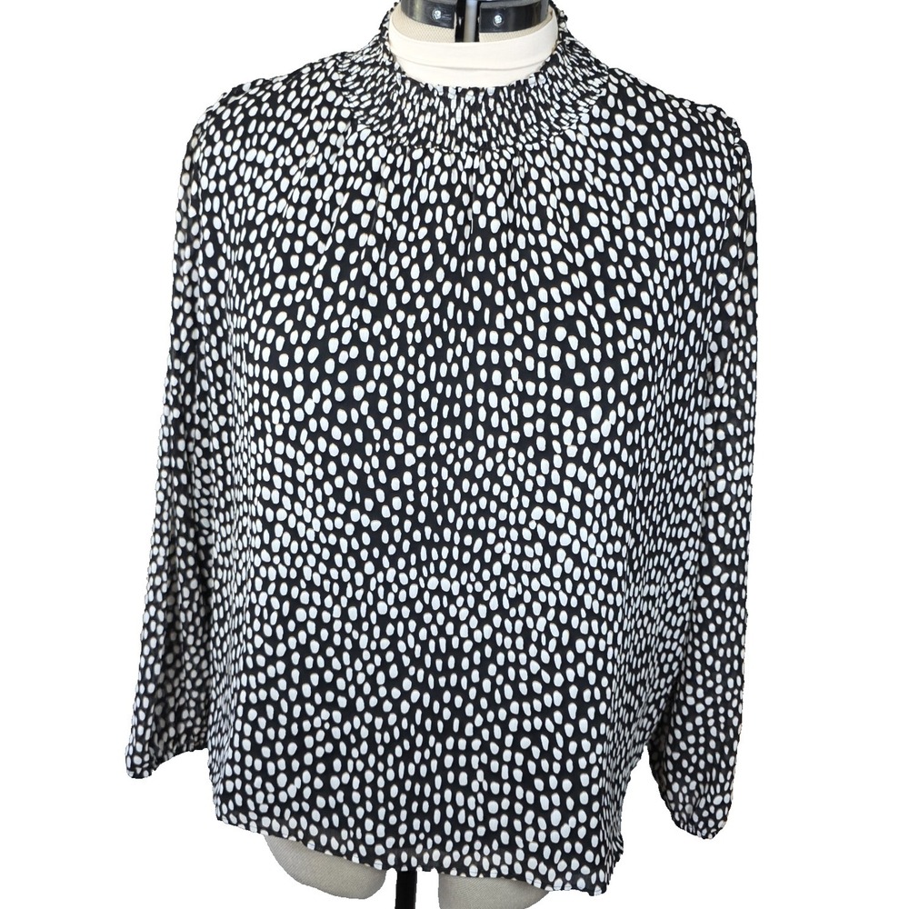 J. Crew Smocked Neck Top Dot Crinkle Chiffon Blouse Black White AS364 Size XL